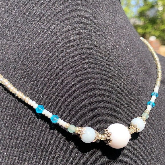 HAND CRAFTED Upcycled Blue White Silver Necklace earring set Feminine Delicate - Picture 7 of 14